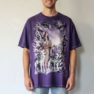 VTG Wolf & Indigenous Maiden Graphic Tee - Purple Tie Dye - 3XL